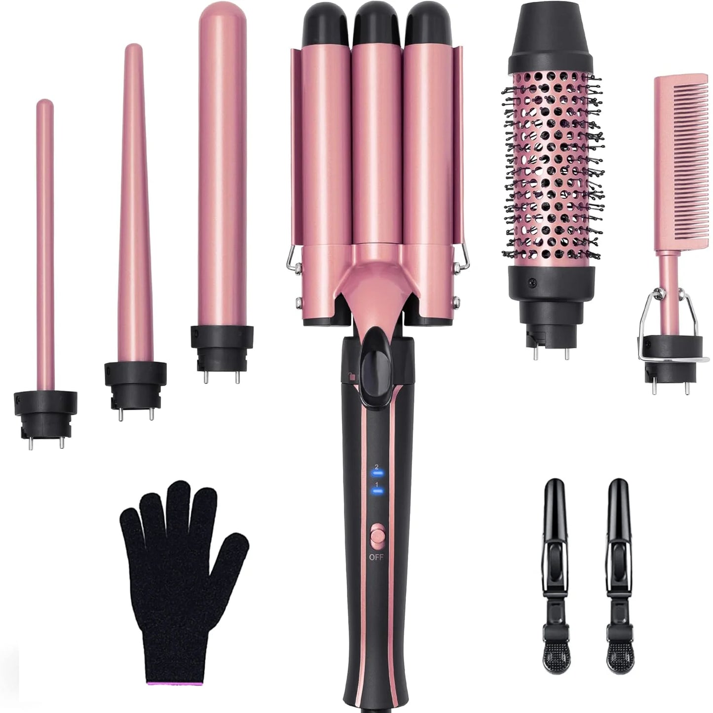 6-in-1 Curling Iron Set – Thermal Brush & 4 Interchangeable Ceramic Barrels with Flat Iron