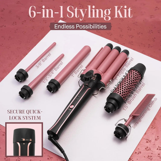 6-in-1 Curling Iron Set – Thermal Brush & 4 Interchangeable Ceramic Barrels with Flat Iron