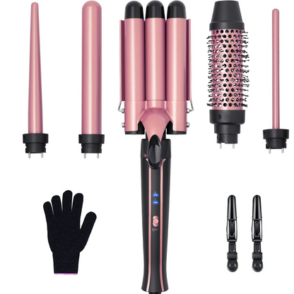 6-in-1 Curling Iron Set – Thermal Brush & 4 Interchangeable Ceramic Barrels with Flat Iron
