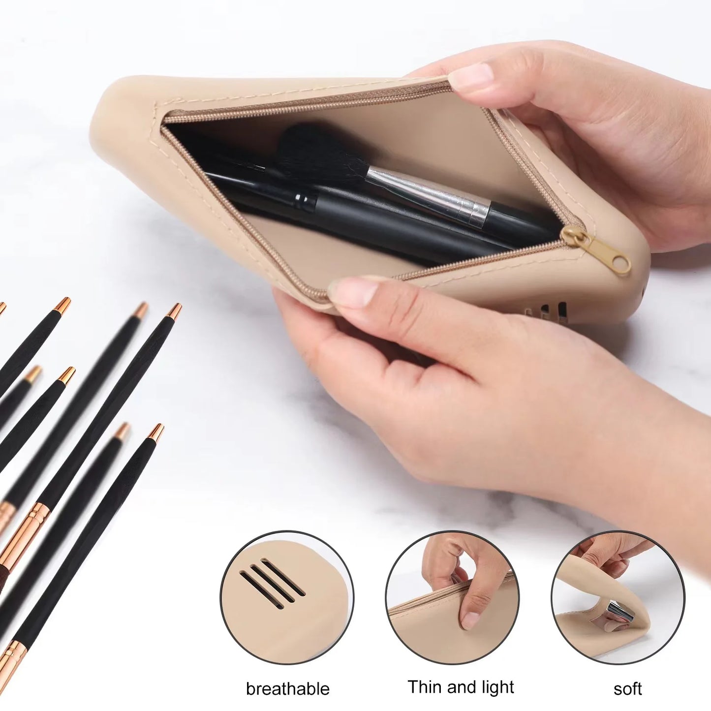 Durable zipper cosmetic pouch for makeup brushes