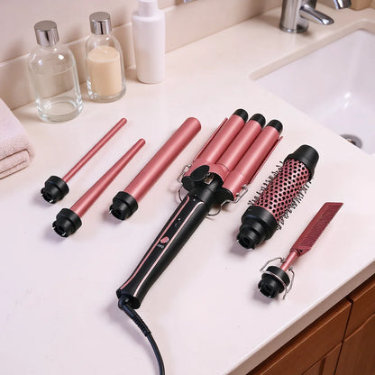 6-in-1 Curling Iron Set – Thermal Brush & 4 Interchangeable Ceramic Barrels with Flat Iron